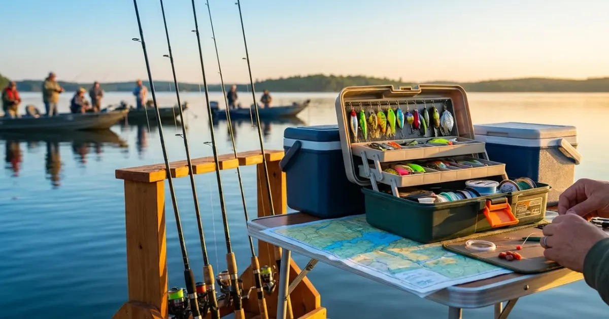 Pêcheur concentré triant ses leurres et cannes au lever du soleil pour préparer un concours de pêche.