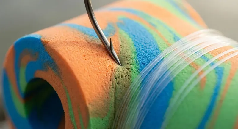 Ligne de pêche avec bouchon enroulée sur un plioir en mousse EVA, hameçon piqué dans la matière pour protéger le nylon