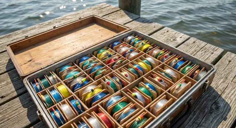 Boîte à pêche ouverte avec compartiments pour ranger les ligne de peche avec bouchon et sécuriser les flotteurs fragiles.