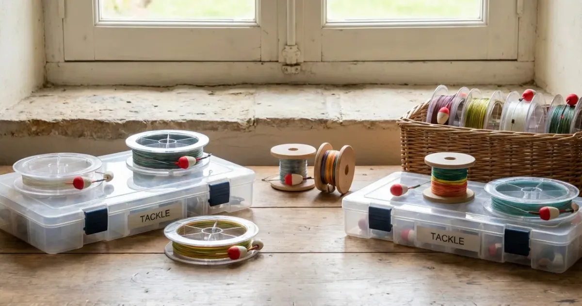 Plioirs colorés alignés dans une boîte montrant comment ranger les ligne de peche avec bouchon pour éviter les nœuds