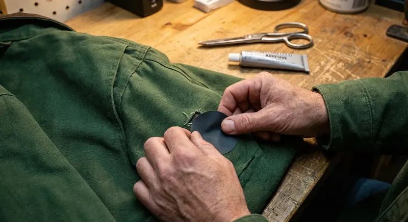 Gros plan sur la réparation d'un accroc sur une veste de chasse pour rénover le tissu et prolonger sa vie.