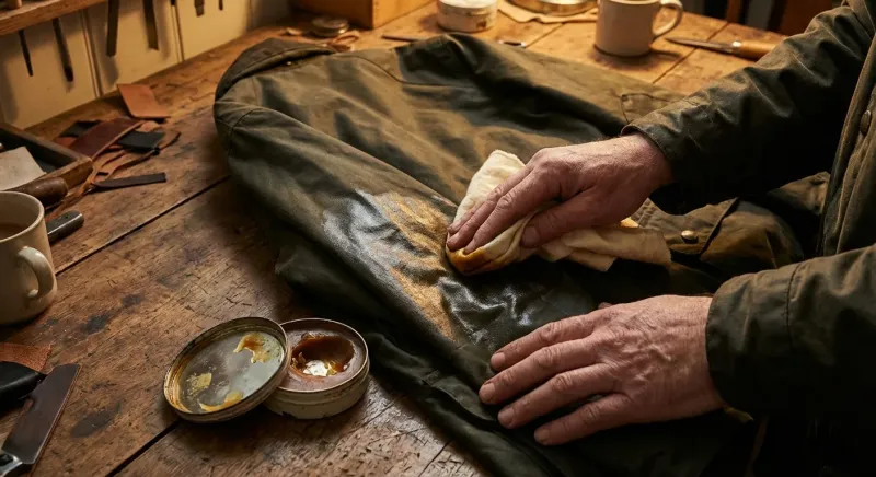 Main appliquant de la cire sur du coton huilé pour redonner du peps à une veste de chasse et l'imperméabiliser.