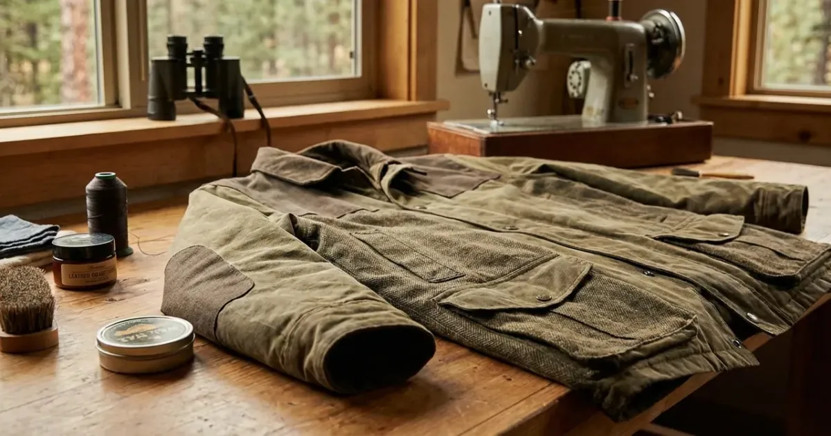 Application de cire sur une veste de chasse kaki pour lui redonner du peps et raviver son éclat.