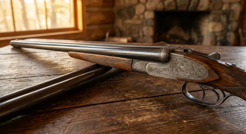 Gros plan sur les canons lisses et la crosse en bois d'un vieux fusil de chasse juxtaposé posé sur un établi.
