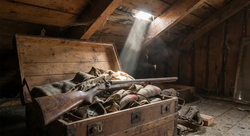 Un vieux fusil de chasse en bois patiné, récemment découvert parmi des cartons au fond d'un grenier.