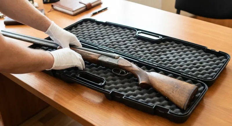 Un vieux fusil de chasse déchargé placé dans une mallette noire sécurisée avant son dépôt au commissariat.
