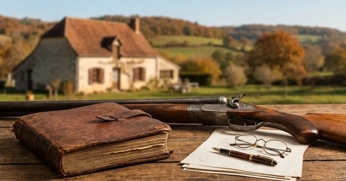 Un vieux fusil de chasse à double canon posé sur une table en bois près d'un formulaire de déclaration.