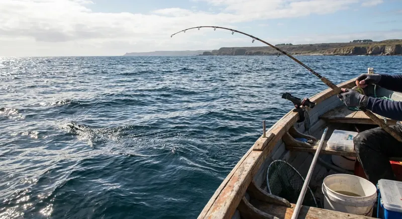 Ligne de pêche tendue plongeant en diagonale, montrant l'angle de dérive causé par le courant pour pêcher la seiche.