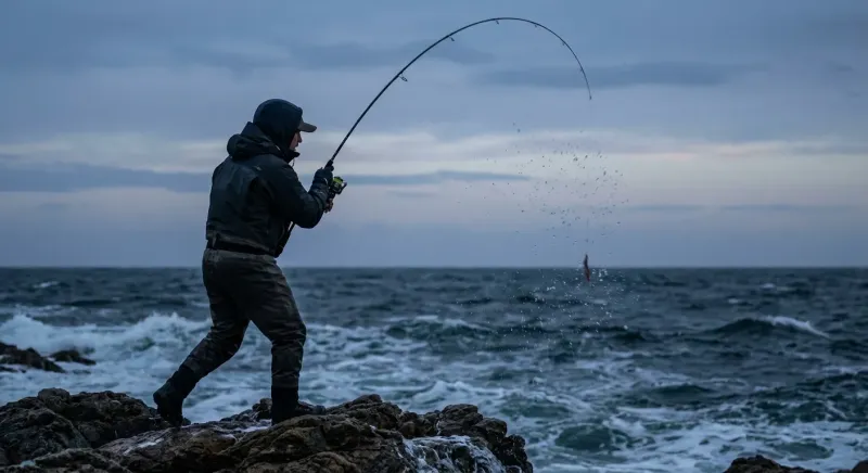 Pêcheur animant énergiquement sa canne face au courant pour pêcher la seiche en bichi-bachi et garder la ligne tendue.