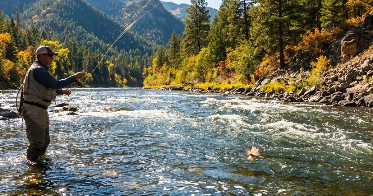 Pêcheur lançant sa mouche dans une veine d'eau vive, illustrant s'il faut du courant pour pêcher la sèche.