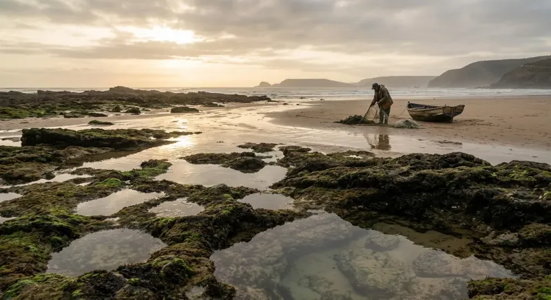 Paysage côtier à marée basse avec rochers et sable découvert, parfait pour la pêche en bord de mer et observer les marées.