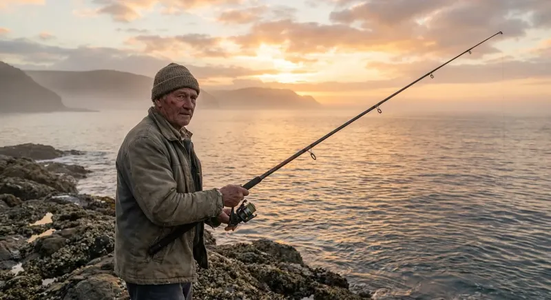 Pêcheur en bord de mer au lever du soleil estival, équipé d'une canne à pêche, capturant le meilleur moment pour pêcher.