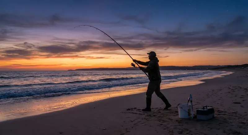 Pêcheur pratiquant le surfcasting au bord de mer au crépuscule, moment idéal pour pêcher en bord de mer efficacement.
