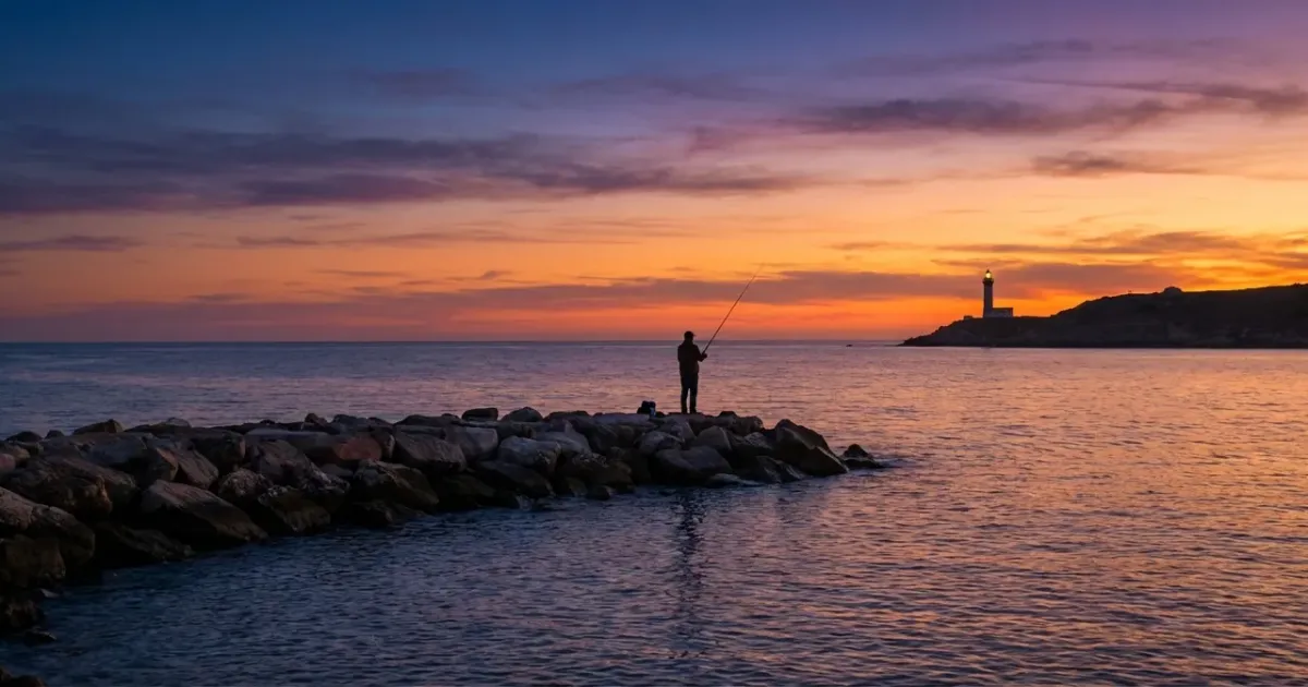 Pêcheur en bord de mer au lever du soleil, canne à pêche tendue, illustrant le meilleur moment pour pêcher en bord de mer.