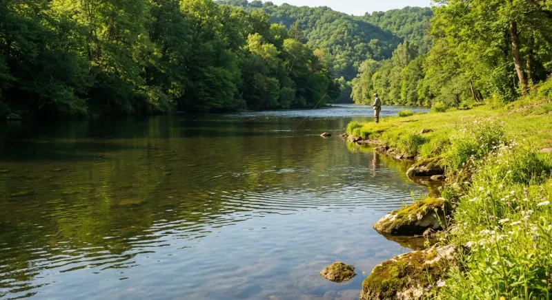 Pêcheur au bord d'une rivière calme entourée de verdure, illustrant un des meilleurs sites de pêche en France.