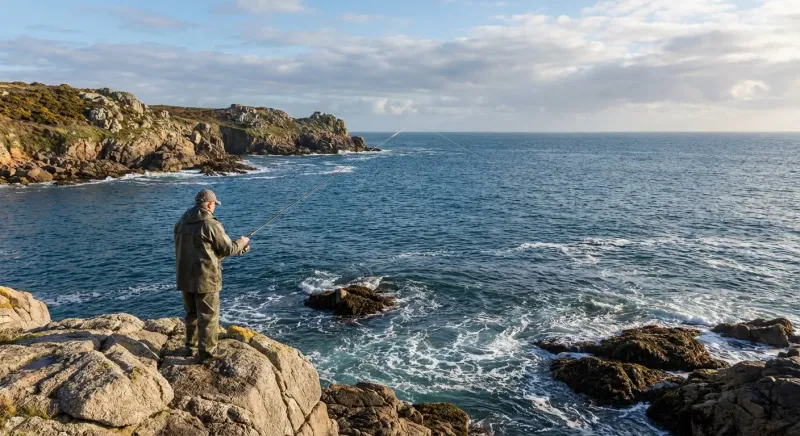 Pêcheur solitaire sur une côte rocheuse française, canne à pêche en main, face à la mer calme au meilleur site de pêche.