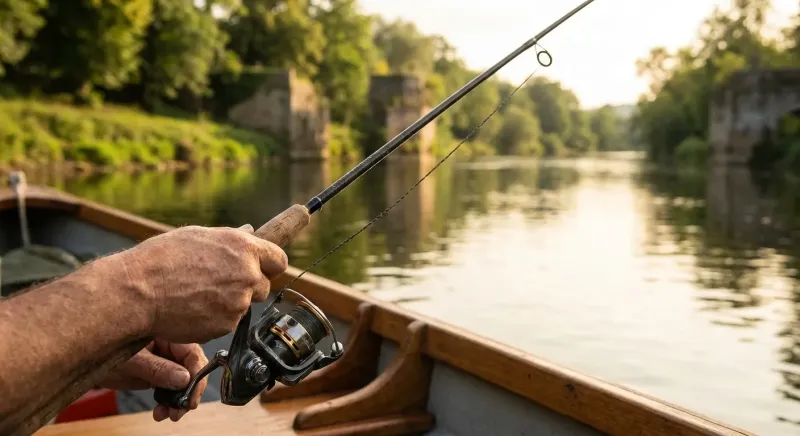 Pêcheur au bord d’un lac calme en France, utilisant une canne à pêche moderne, entouré de nature verdoyante.
