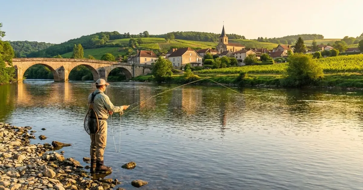 Un pêcheur au bord d'un lac paisible en France, entouré de nature, illustrant les meilleurs sites de pêche français.
