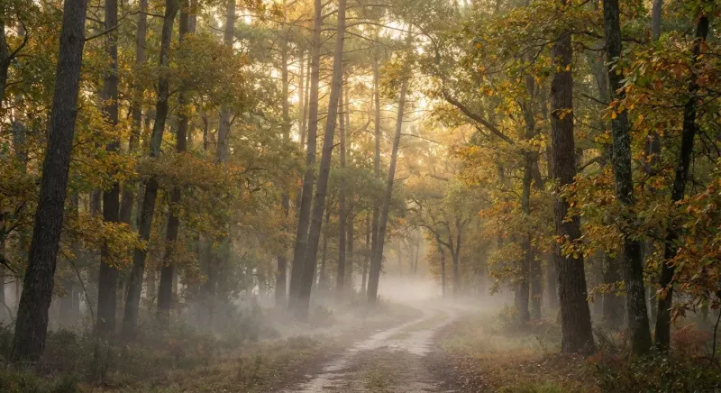 Lever de soleil doré dans une forêt girondine, symbolisant l'ouverture de la chasse 2025 avec une ambiance paisible et naturelle.