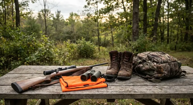 Chasseur équipé d'un gilet orange, jumelles et fusil en forêt girondine, prêt pour l'ouverture de la chasse 2025.