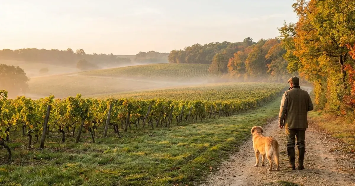 Chasseur en tenue kaki marchant dans une forêt girondine au lever du soleil, fusil à l'épaule, ouverture chasse 2025.
