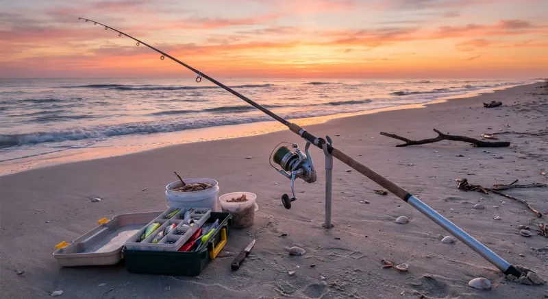 Matériel de pêche en surfcasting posé sur le sable d'une plage au lever du soleil, prêt pour capturer le bar.