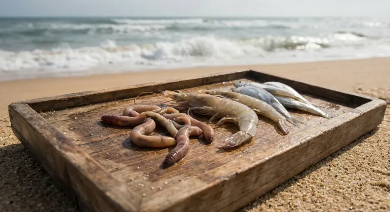 Appâts naturels pour pêcher le bar en surfcasting, incluant vers marins, crabes et sardines disposés sur du sable humide.
