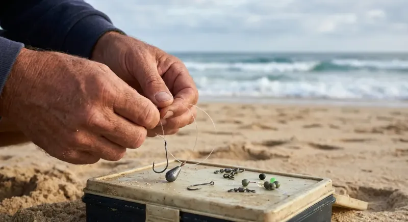 Montage d'une ligne de surfcasting pour pêcher le bar, avec plomb, émerillon, bas de ligne et appât sur fond de plage.