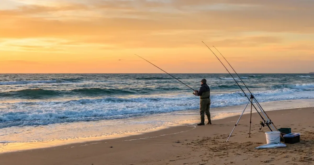 Pêcheur en action sur une plage, tenant une canne à pêche en surfcasting, ciblant le bar dans des vagues agitées au coucher du soleil.