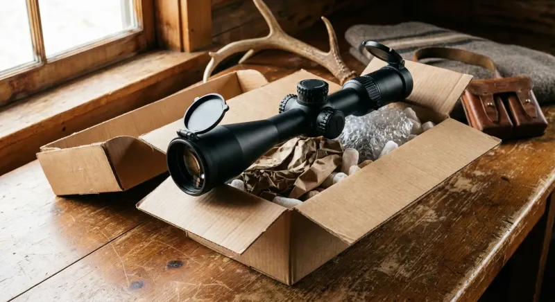 Colis d'expédition ouvert montrant une lunette de visée haut de gamme protégée par des emballages de transport.