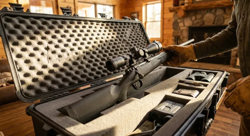 Arme de chasse et sa lunette de tir calées dans une mallette de transport rigide ouverte à la douane.