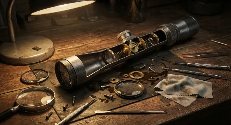 Composants d'une lunette de chasse défectueuse éparpillés sur un établi lors d'une réparation complexe.