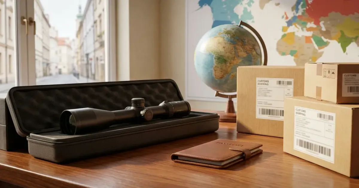Une lunette de chasse posée sur une carte du monde, à côté d'un passeport et de formulaires douaniers.