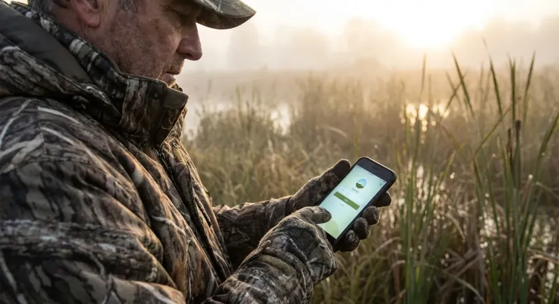 Chasseur utilisant l'application ChassAdapt pour déclarer une oie cendrée prélevée à la chasse