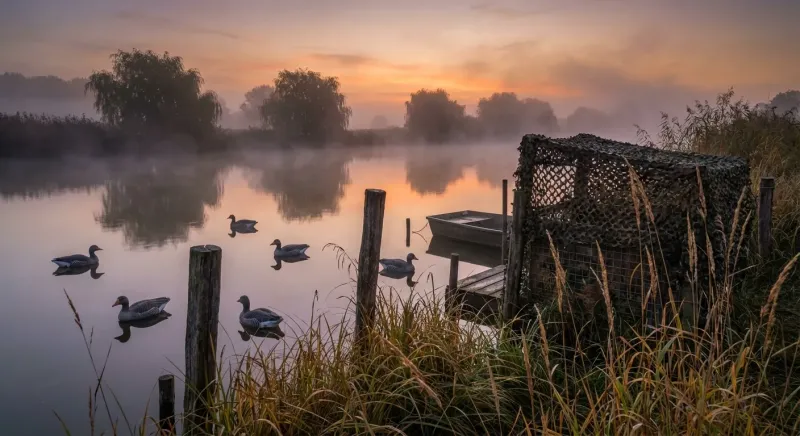 Formes d'oies disposées stratégiquement autour d'un chasseur camouflé pour la chasse à l'oie cendrée
