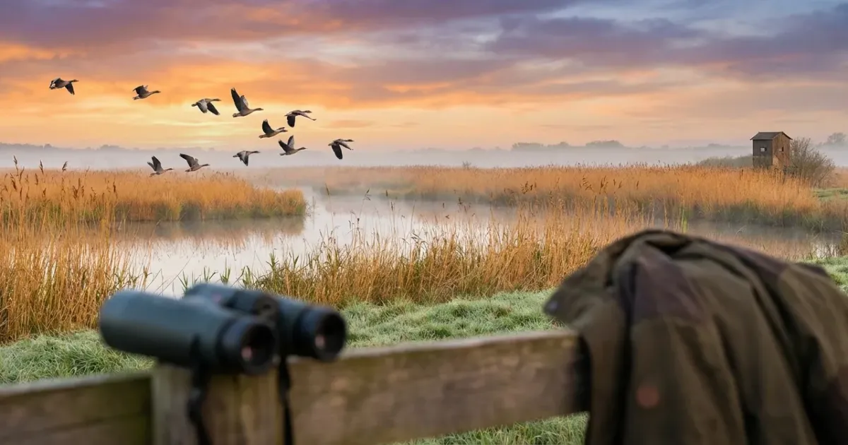 Groupe d'oies cendrées en vol au-dessus d'un marais, image illustrant la réglementation pour chasser l'oie cendrée.