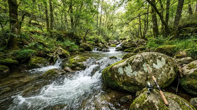 Pêcheur lançant son leurre dans les eaux vives rocailleuses pour pêcher à la cuillère dans le Thoré