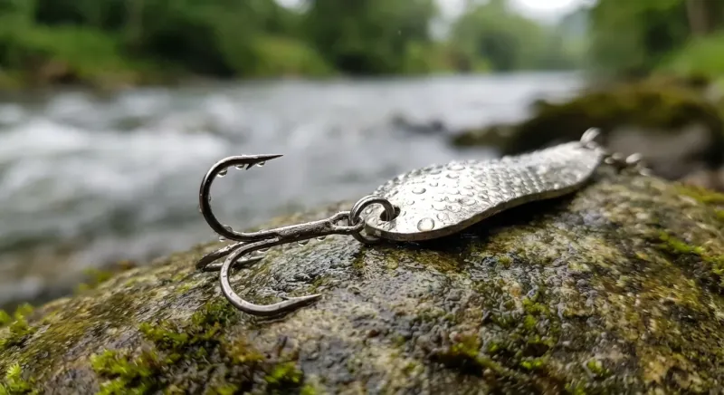 Détail d'une cuillère avec hameçon simple sans ardillon pour pêcher dans le Thore en respectant le No-Kill.