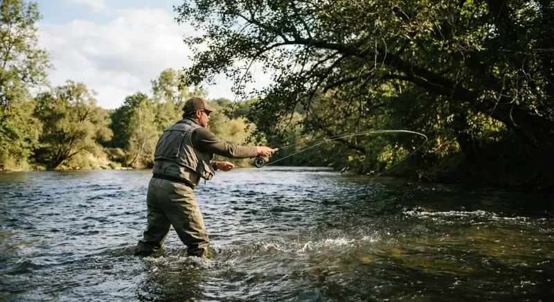 Pêcheur réalisant un lancer précis sous les frondaisons pour pêcher à la cuillère dans le Thoré