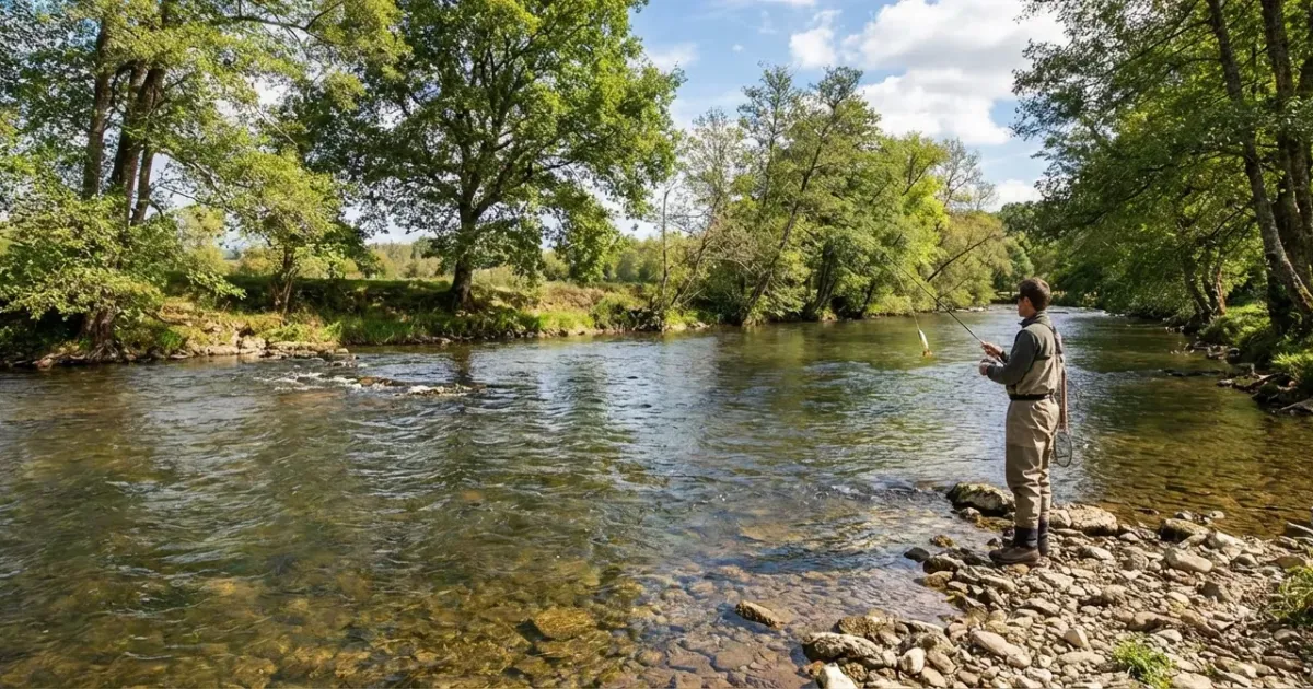 Pêcheur équipé d'une canne lançant un leurre pour pêcher à la cuillère dans le Thoré, rivière aux rives verdoyantes