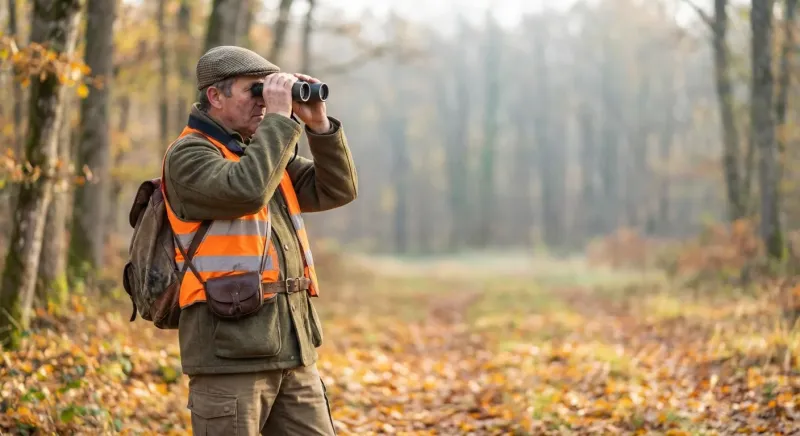 Un chasseur camouflé utilise ses jumelles en forêt pour identifier formellement un animal au loin.