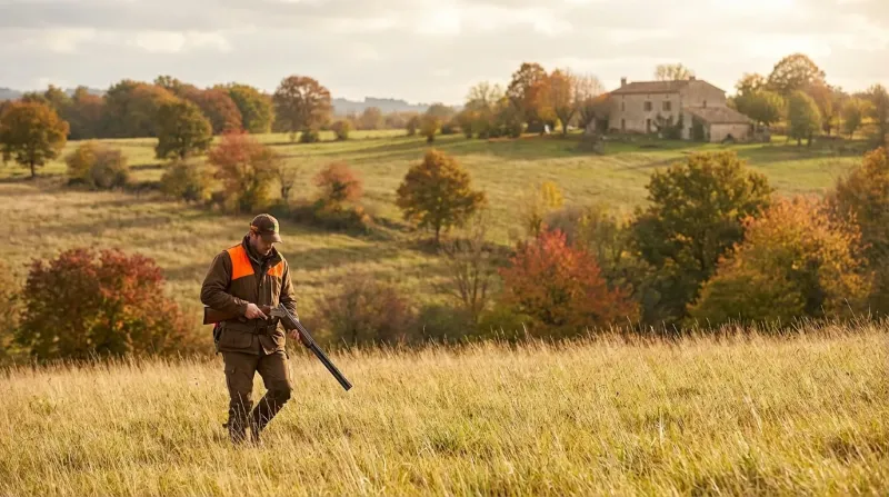 Un chat assis en sécurité près d'une maison, avec un chasseur visible au loin dans le champ en arrière-plan.