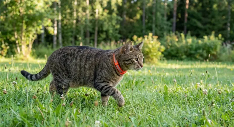 Chat portant un collier de couleur vive et réfléchissant pour être identifié comme animal domestique.