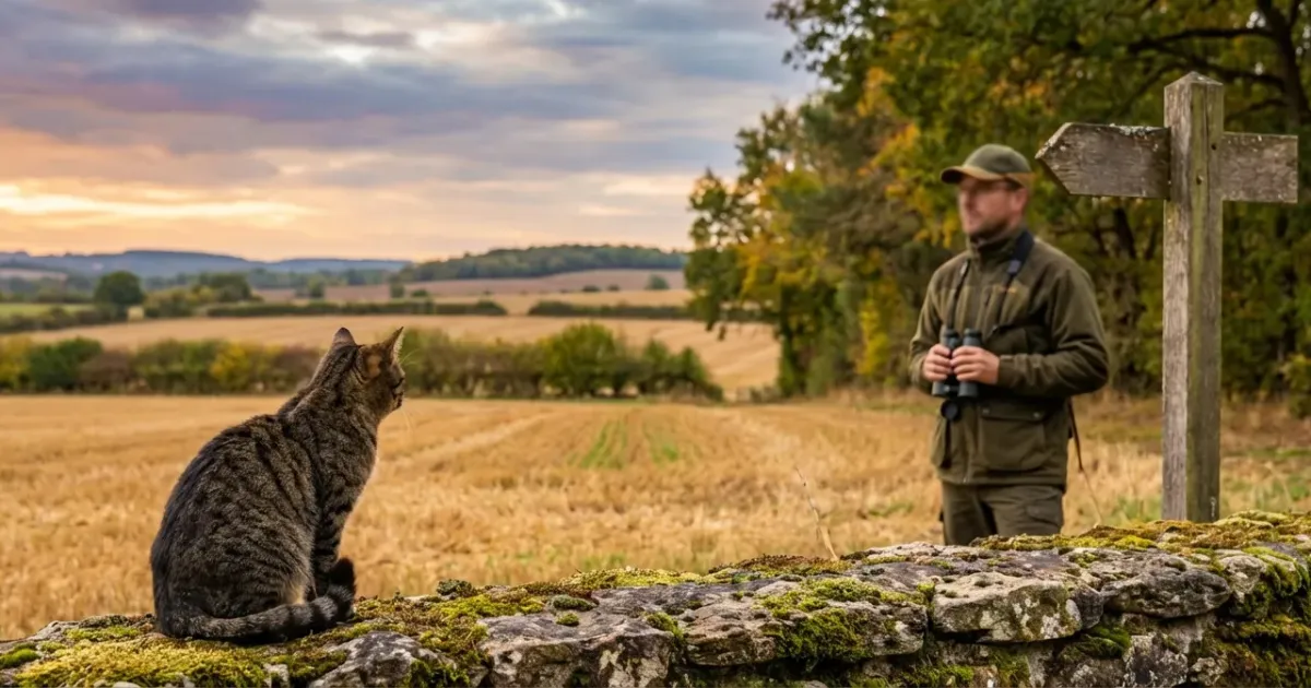 Un chat domestique assis dans un champ en lisière de forêt, avec la silhouette floue d'un chasseur en arrière-plan.