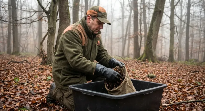 Chasseur ganté conditionnant les viscères de sanglier après la chasse dans des sacs propres sur le terrain.
