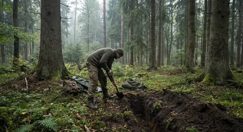 Chasseur enfouissant profondément des déchets de venaison en forêt : que faire des viscères de sanglier après la chasse.