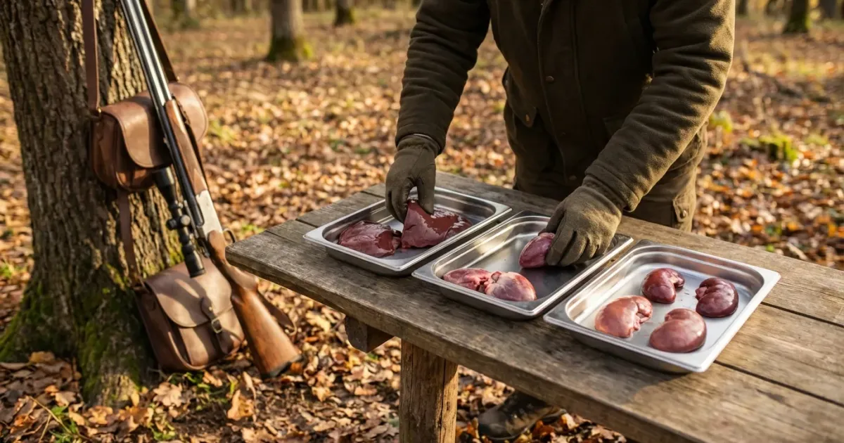 Chasseur en gilet orange examinant les viscères de sanglier après la chasse sur un lit de feuilles mortes.