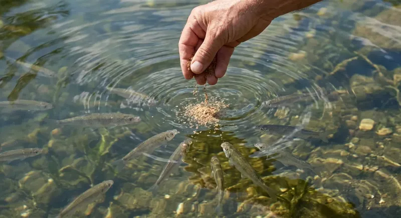 Main versant une dose précise de granulés fins pour savoir que mange le vif peche sans polluer l'eau du bassin.