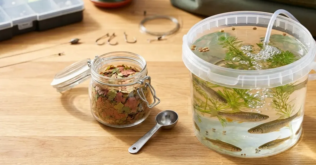 Gros plan sur de petits poissons dans un vivier avalant des flocons, illustrant parfaitement que mange le vif peche.