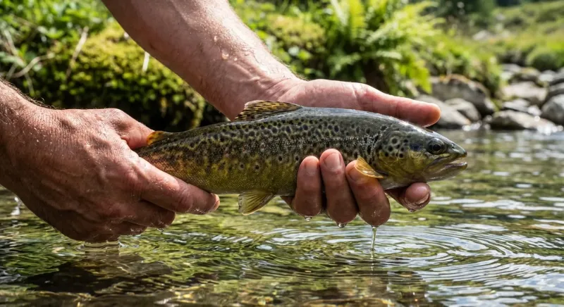 Un pêcheur tenant une grande truite marbrée fraîchement pêchée dans une rivière aux eaux claires du nord de l'Italie.